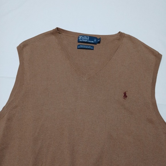 POLO Ralph Lauren 100% Pima Cotton Brown V-Neck Sweater Vest Burgundy Pony Sz XL - Picture 1 of 10